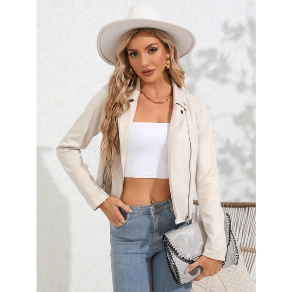 vegan suede Zip Up Solid Moto Jacket cream - Picture 1 of 11